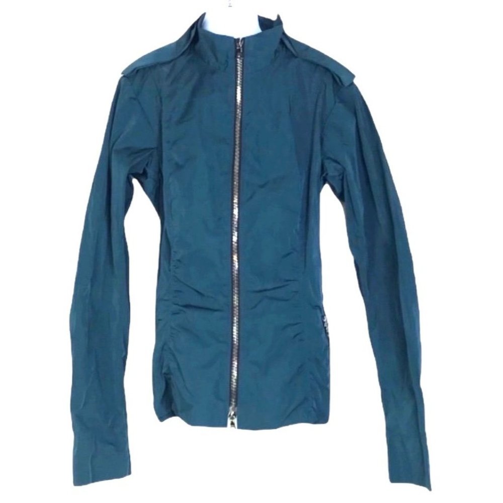 Lida Baday Zip Up Mock Neck Fitted Jacket 2 Teal Peacock Blue Made in Canada